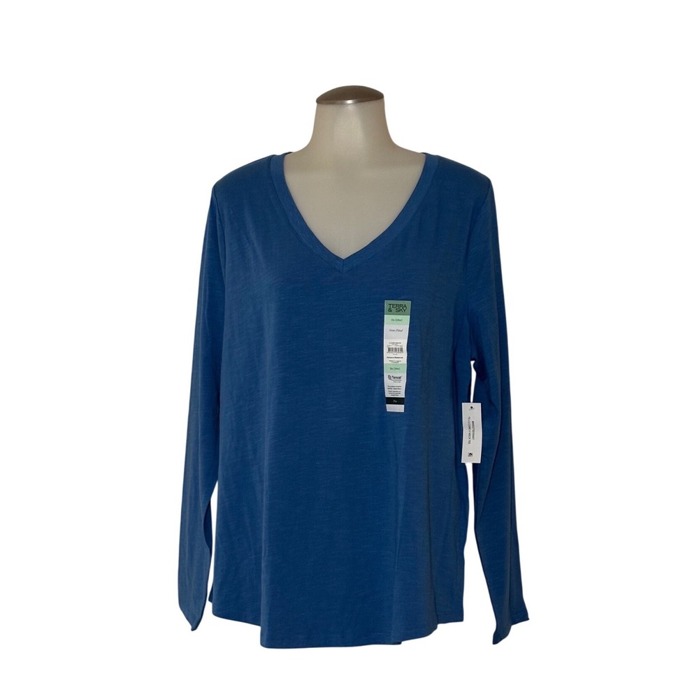 Terra & Sky V-Neck Long Sleeve Tee Women 0X (14W) Blue Heron Semi-Fitted NWT